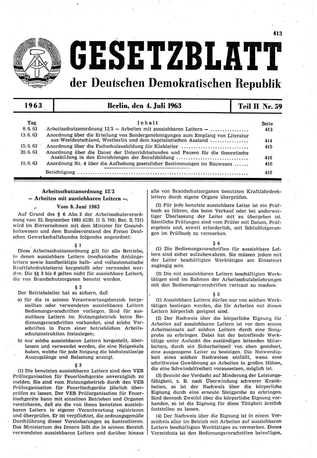 Gesetzblatt (GBl.) der Deutschen Demokratischen Republik (DDR) Teil ⅠⅠ 1963, Seite 413 (GBl. DDR ⅠⅠ 1963, S. 413)