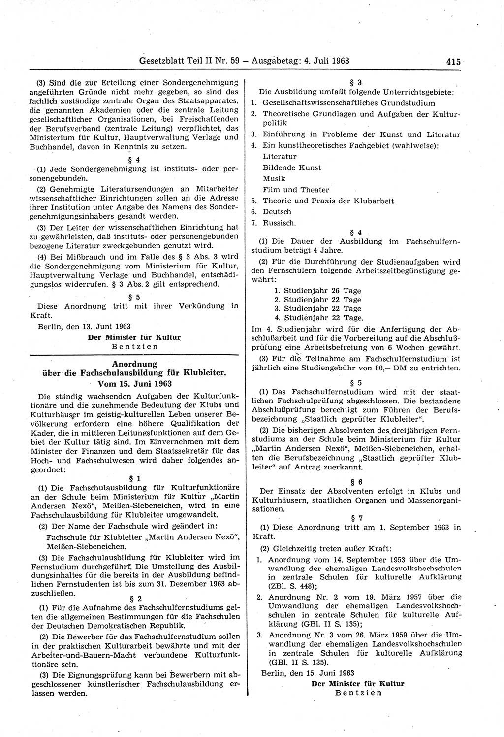 Gesetzblatt (GBl.) der Deutschen Demokratischen Republik (DDR) Teil ⅠⅠ 1963, Seite 415 (GBl. DDR ⅠⅠ 1963, S. 415)