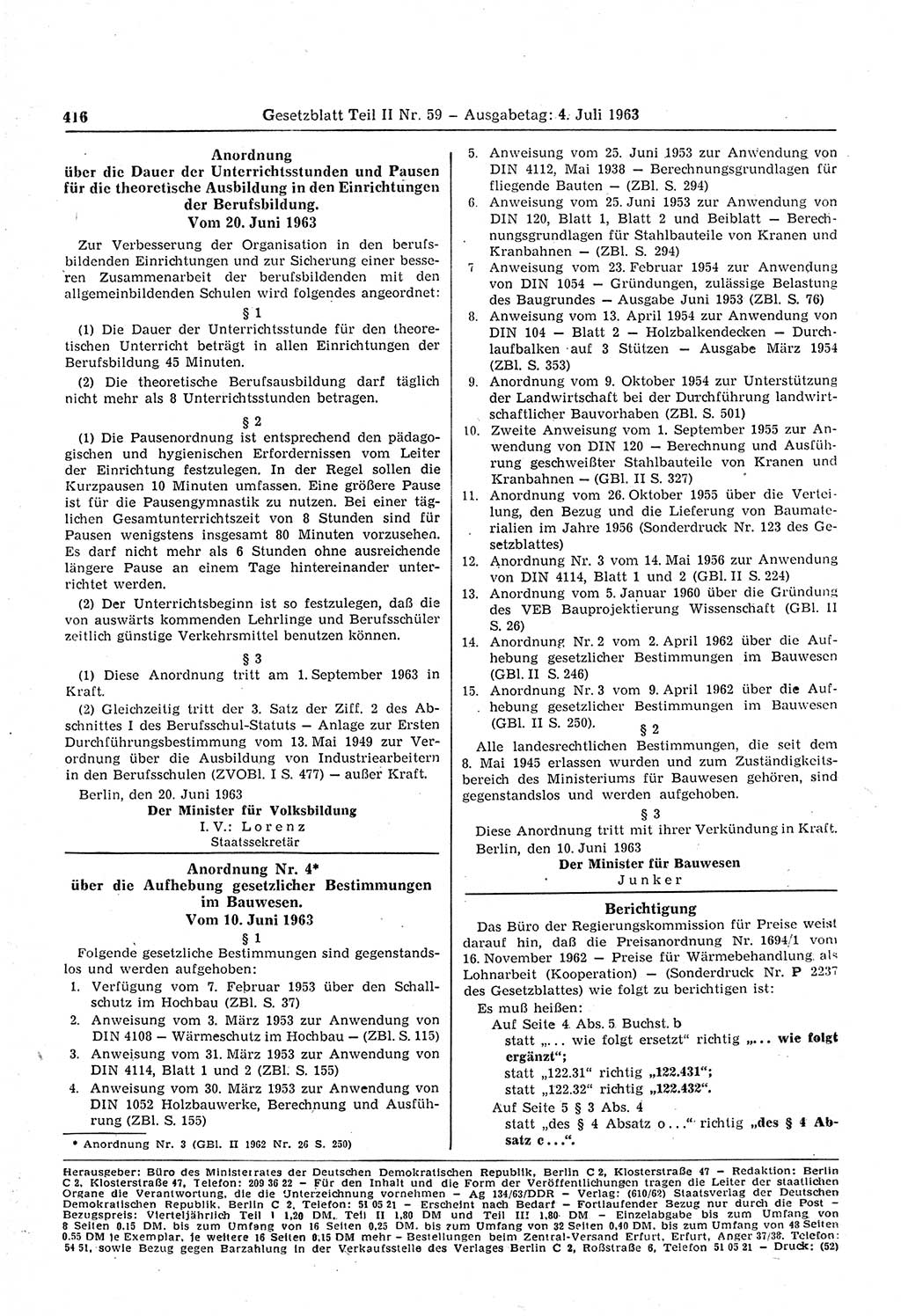 Gesetzblatt (GBl.) der Deutschen Demokratischen Republik (DDR) Teil ⅠⅠ 1963, Seite 416 (GBl. DDR ⅠⅠ 1963, S. 416)