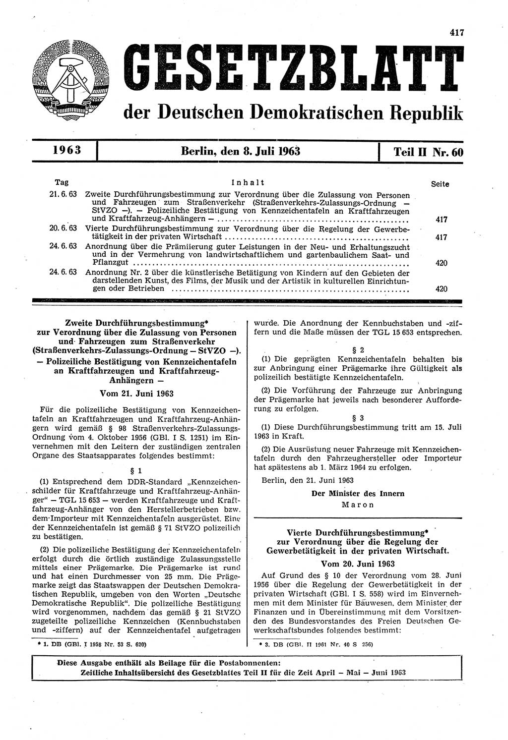 Gesetzblatt (GBl.) der Deutschen Demokratischen Republik (DDR) Teil ⅠⅠ 1963, Seite 417 (GBl. DDR ⅠⅠ 1963, S. 417)