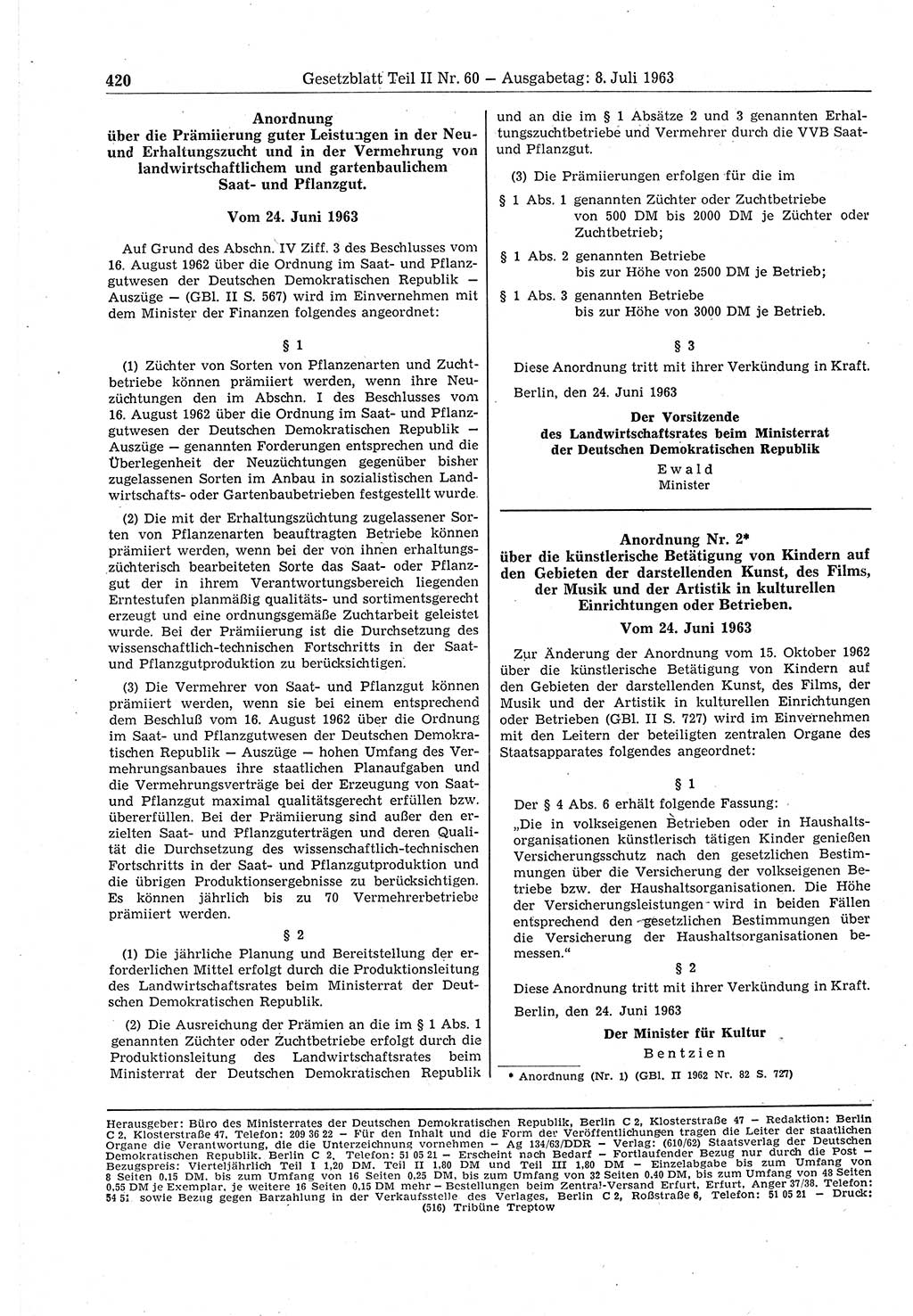 Gesetzblatt (GBl.) der Deutschen Demokratischen Republik (DDR) Teil ⅠⅠ 1963, Seite 420 (GBl. DDR ⅠⅠ 1963, S. 420)