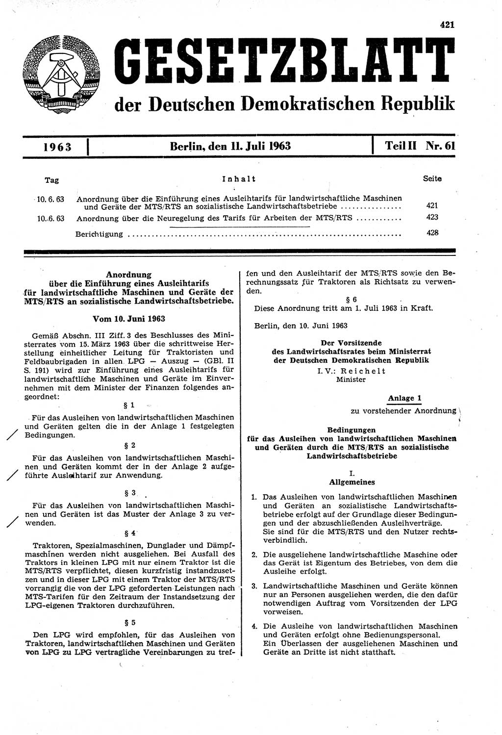 Gesetzblatt (GBl.) der Deutschen Demokratischen Republik (DDR) Teil ⅠⅠ 1963, Seite 421 (GBl. DDR ⅠⅠ 1963, S. 421)
