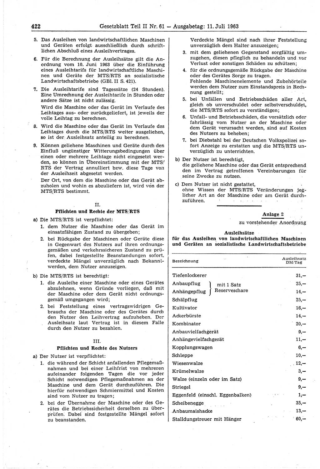 Gesetzblatt (GBl.) der Deutschen Demokratischen Republik (DDR) Teil ⅠⅠ 1963, Seite 422 (GBl. DDR ⅠⅠ 1963, S. 422)