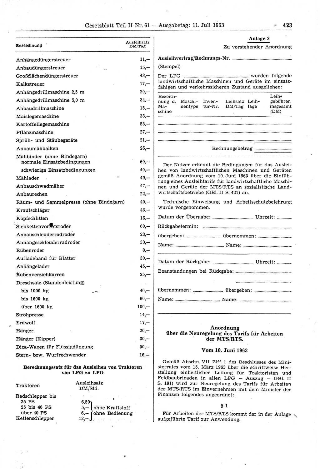 Gesetzblatt (GBl.) der Deutschen Demokratischen Republik (DDR) Teil ⅠⅠ 1963, Seite 423 (GBl. DDR ⅠⅠ 1963, S. 423)