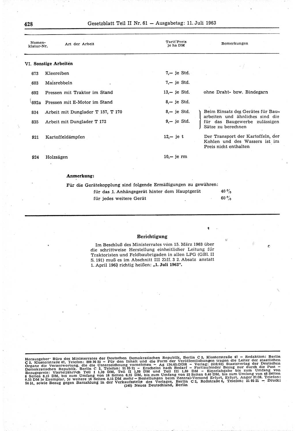 Gesetzblatt (GBl.) der Deutschen Demokratischen Republik (DDR) Teil ⅠⅠ 1963, Seite 428 (GBl. DDR ⅠⅠ 1963, S. 428)