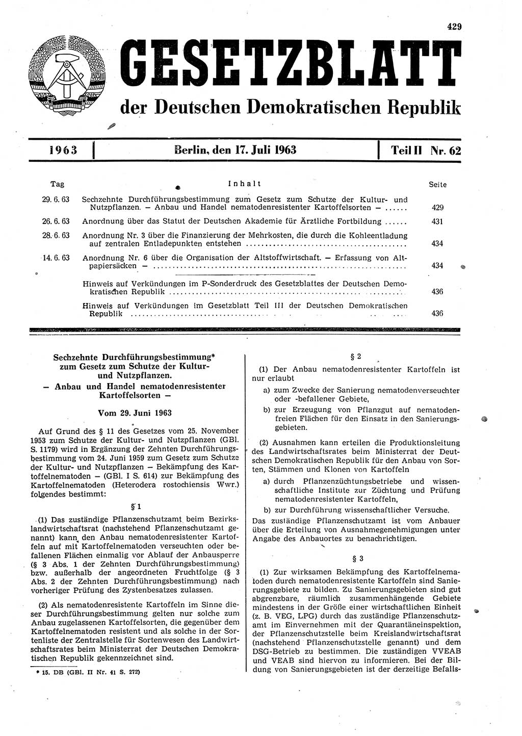 Gesetzblatt (GBl.) der Deutschen Demokratischen Republik (DDR) Teil ⅠⅠ 1963, Seite 429 (GBl. DDR ⅠⅠ 1963, S. 429)