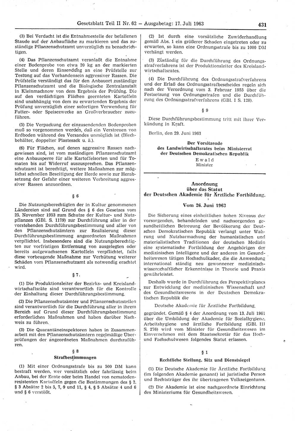 Gesetzblatt (GBl.) der Deutschen Demokratischen Republik (DDR) Teil ⅠⅠ 1963, Seite 431 (GBl. DDR ⅠⅠ 1963, S. 431)