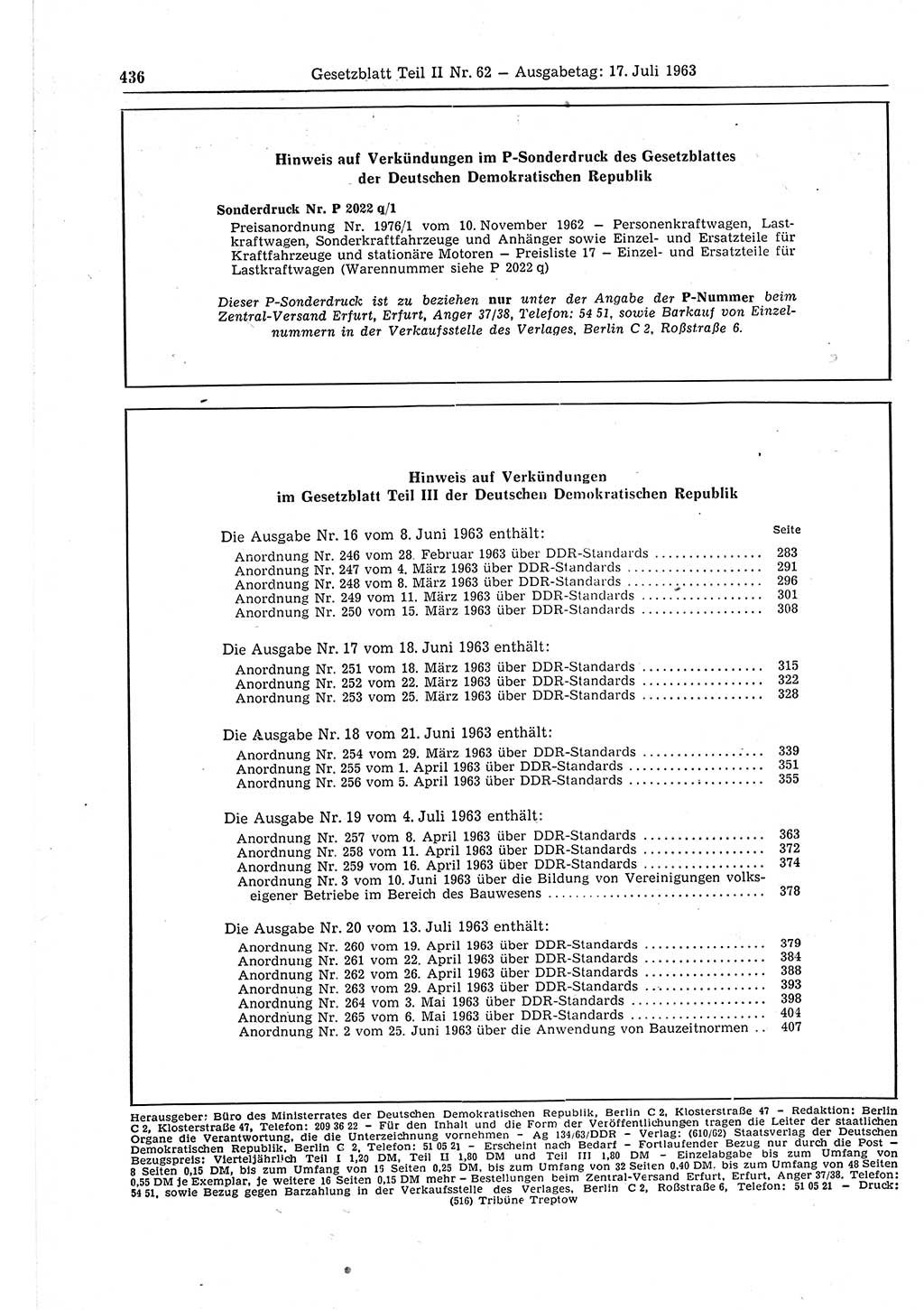 Gesetzblatt (GBl.) der Deutschen Demokratischen Republik (DDR) Teil ⅠⅠ 1963, Seite 436 (GBl. DDR ⅠⅠ 1963, S. 436)