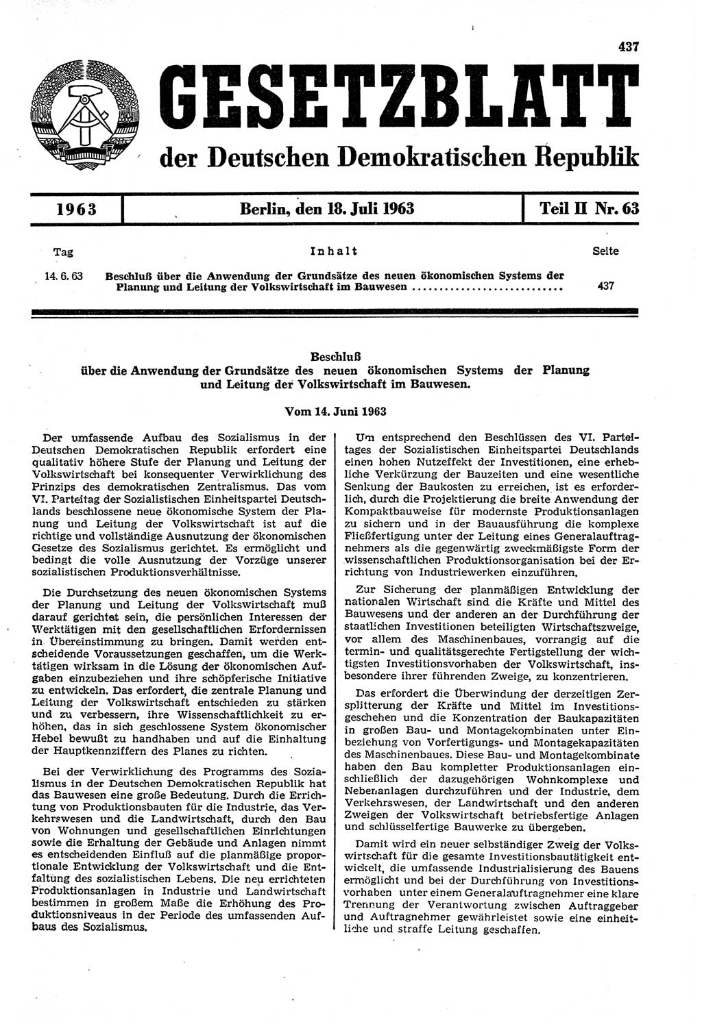 Gesetzblatt (GBl.) der Deutschen Demokratischen Republik (DDR) Teil ⅠⅠ 1963, Seite 437 (GBl. DDR ⅠⅠ 1963, S. 437)