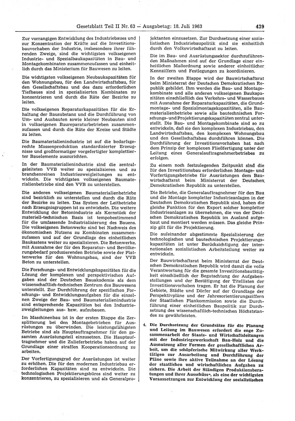Gesetzblatt (GBl.) der Deutschen Demokratischen Republik (DDR) Teil ⅠⅠ 1963, Seite 439 (GBl. DDR ⅠⅠ 1963, S. 439)