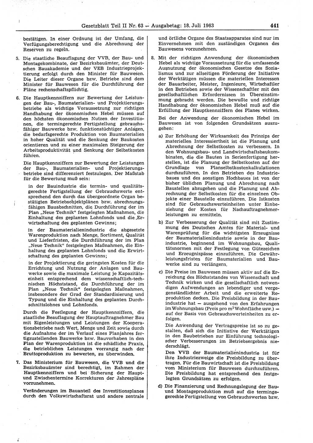 Gesetzblatt (GBl.) der Deutschen Demokratischen Republik (DDR) Teil ⅠⅠ 1963, Seite 441 (GBl. DDR ⅠⅠ 1963, S. 441)