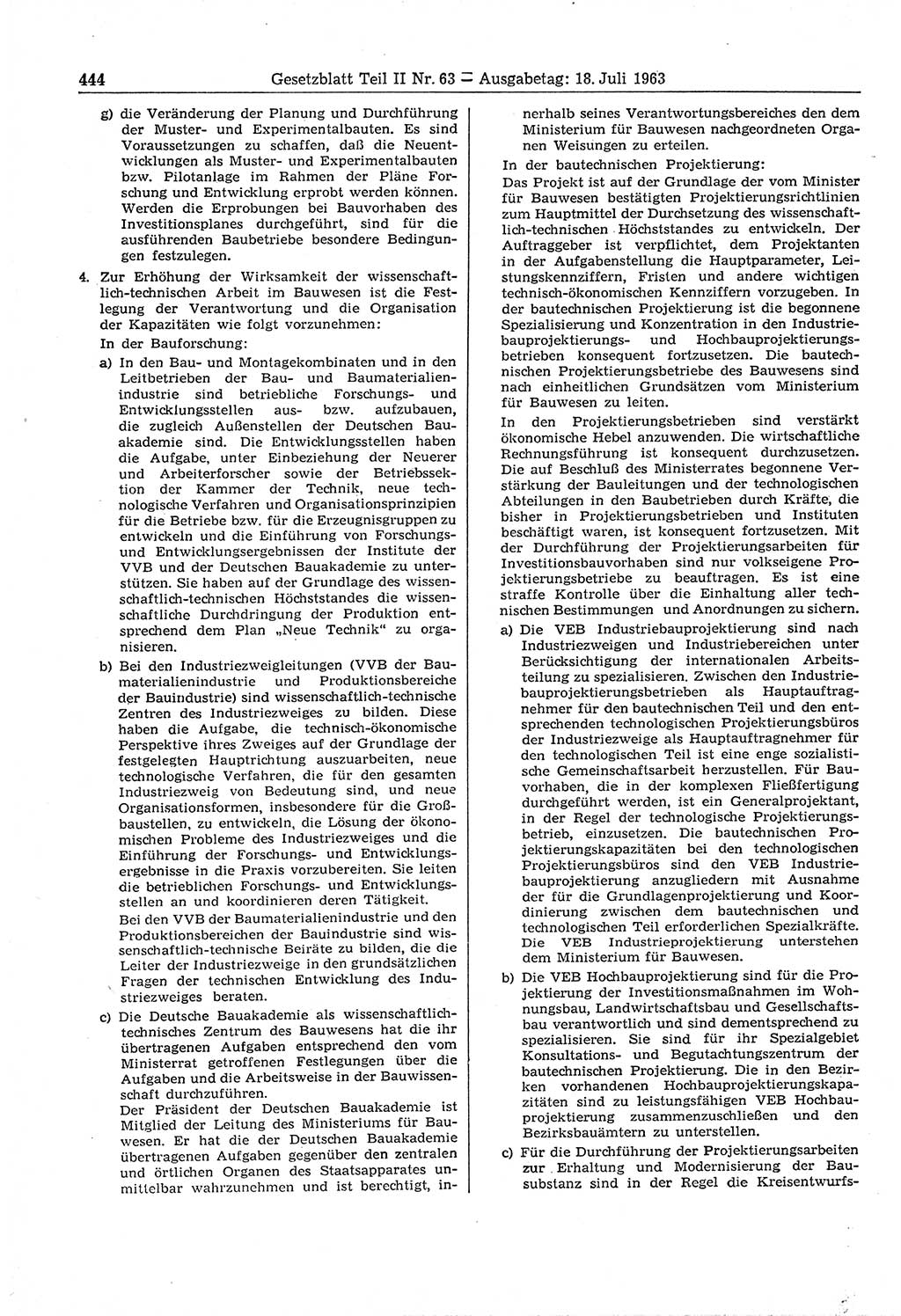 Gesetzblatt (GBl.) der Deutschen Demokratischen Republik (DDR) Teil ⅠⅠ 1963, Seite 444 (GBl. DDR ⅠⅠ 1963, S. 444)