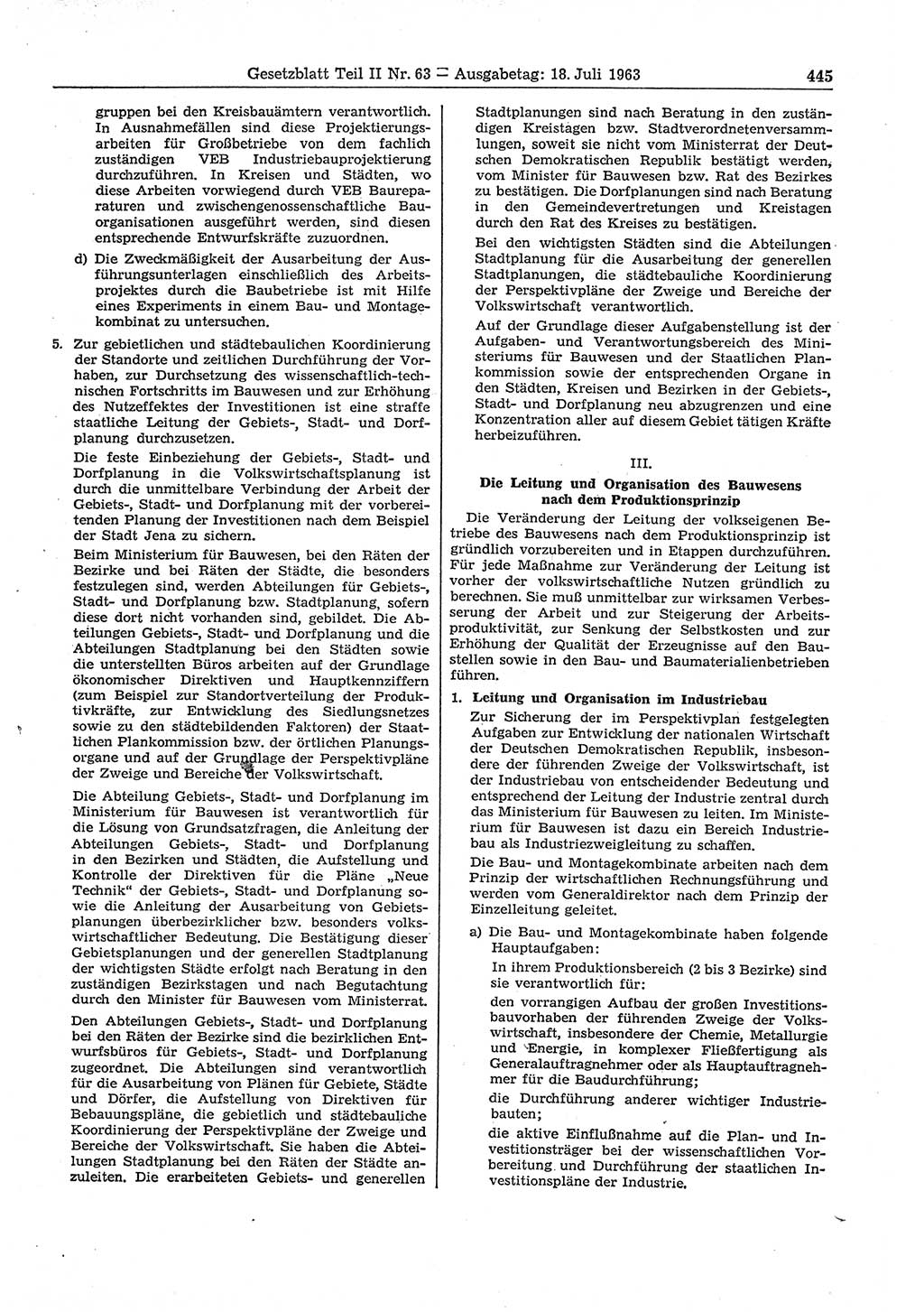 Gesetzblatt (GBl.) der Deutschen Demokratischen Republik (DDR) Teil ⅠⅠ 1963, Seite 445 (GBl. DDR ⅠⅠ 1963, S. 445)