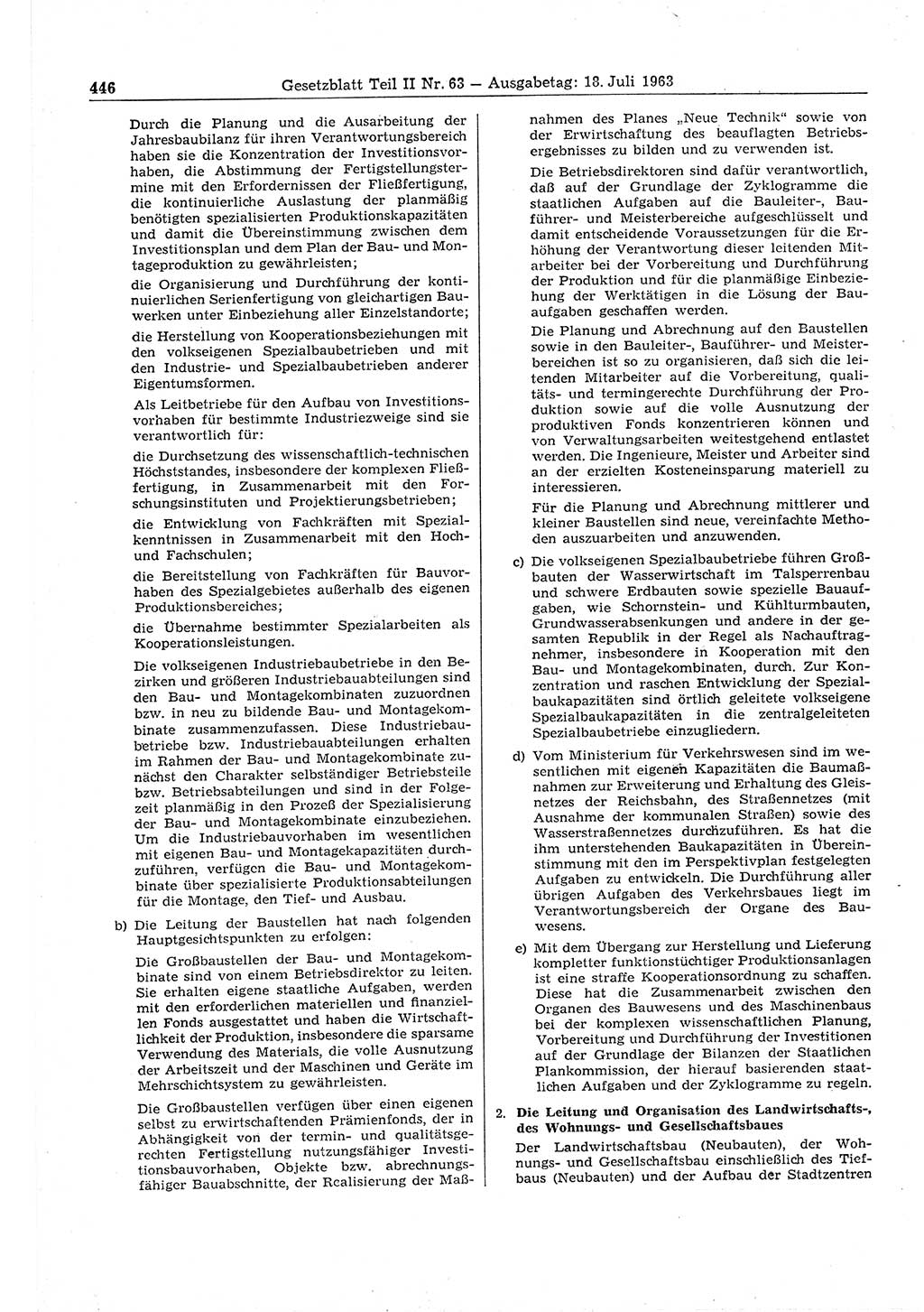 Gesetzblatt (GBl.) der Deutschen Demokratischen Republik (DDR) Teil ⅠⅠ 1963, Seite 446 (GBl. DDR ⅠⅠ 1963, S. 446)