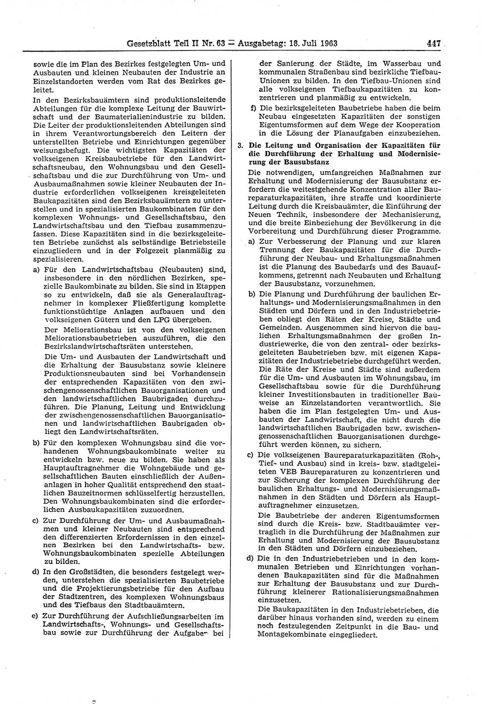 Gesetzblatt (GBl.) der Deutschen Demokratischen Republik (DDR) Teil ⅠⅠ 1963, Seite 447 (GBl. DDR ⅠⅠ 1963, S. 447)
