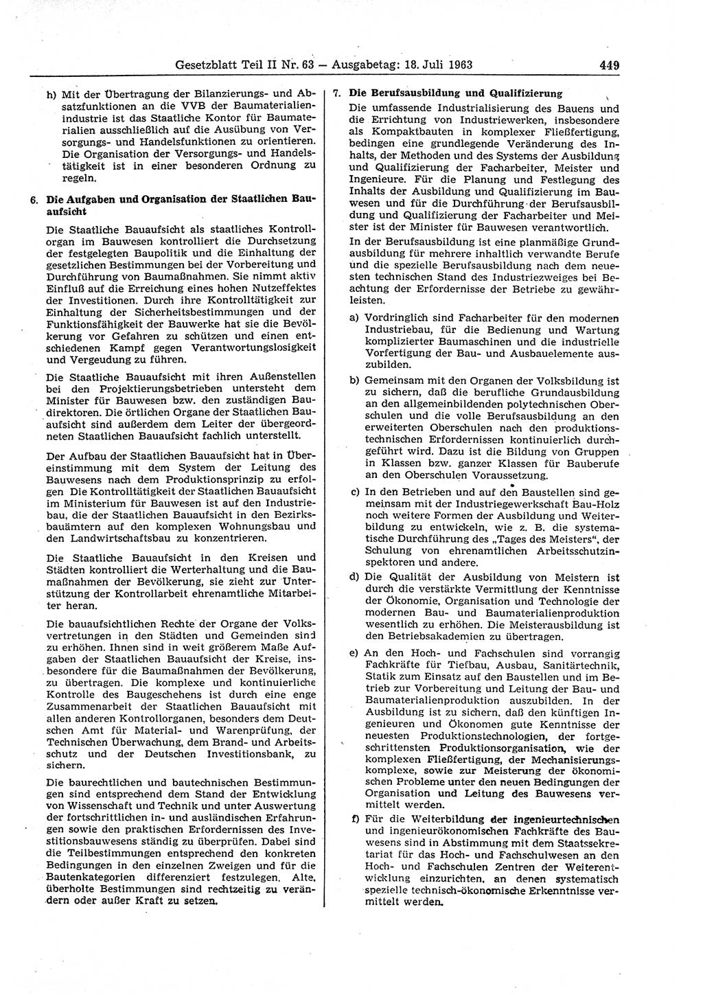 Gesetzblatt (GBl.) der Deutschen Demokratischen Republik (DDR) Teil ⅠⅠ 1963, Seite 449 (GBl. DDR ⅠⅠ 1963, S. 449)