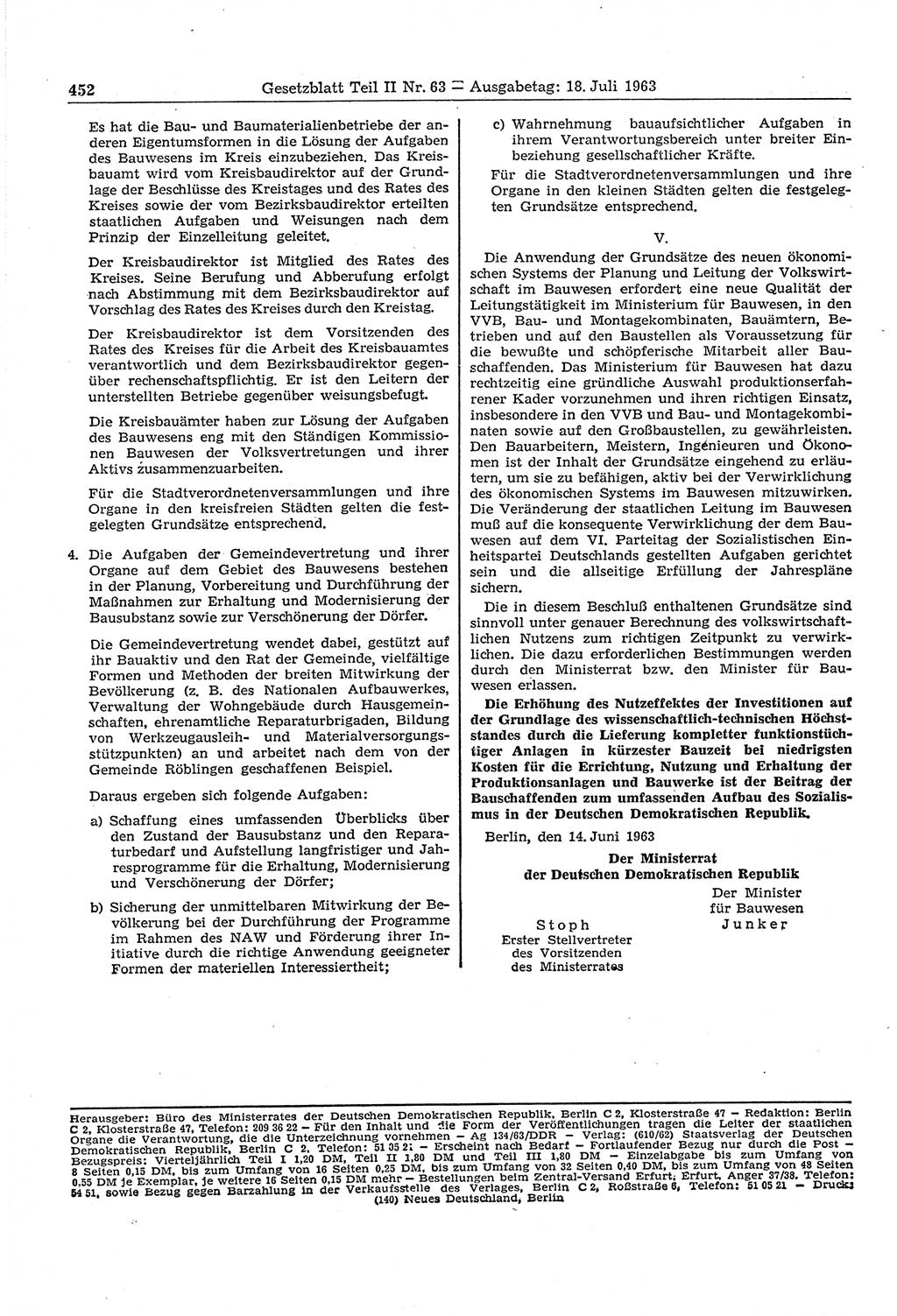 Gesetzblatt (GBl.) der Deutschen Demokratischen Republik (DDR) Teil ⅠⅠ 1963, Seite 452 (GBl. DDR ⅠⅠ 1963, S. 452)