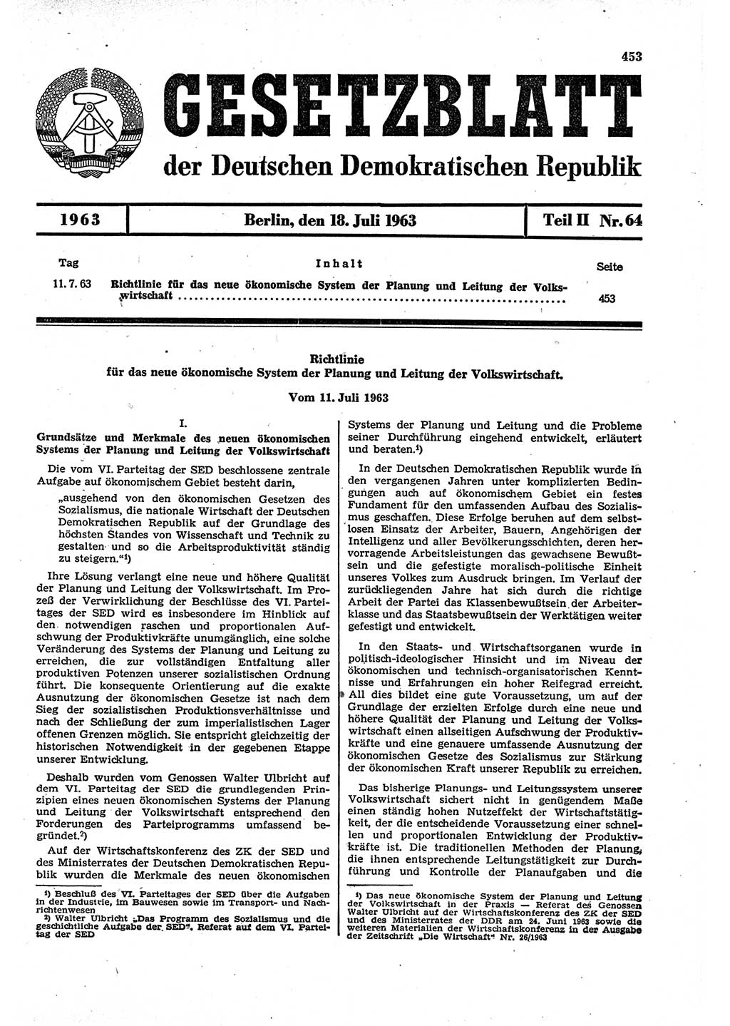 Gesetzblatt (GBl.) der Deutschen Demokratischen Republik (DDR) Teil ⅠⅠ 1963, Seite 453 (GBl. DDR ⅠⅠ 1963, S. 453)