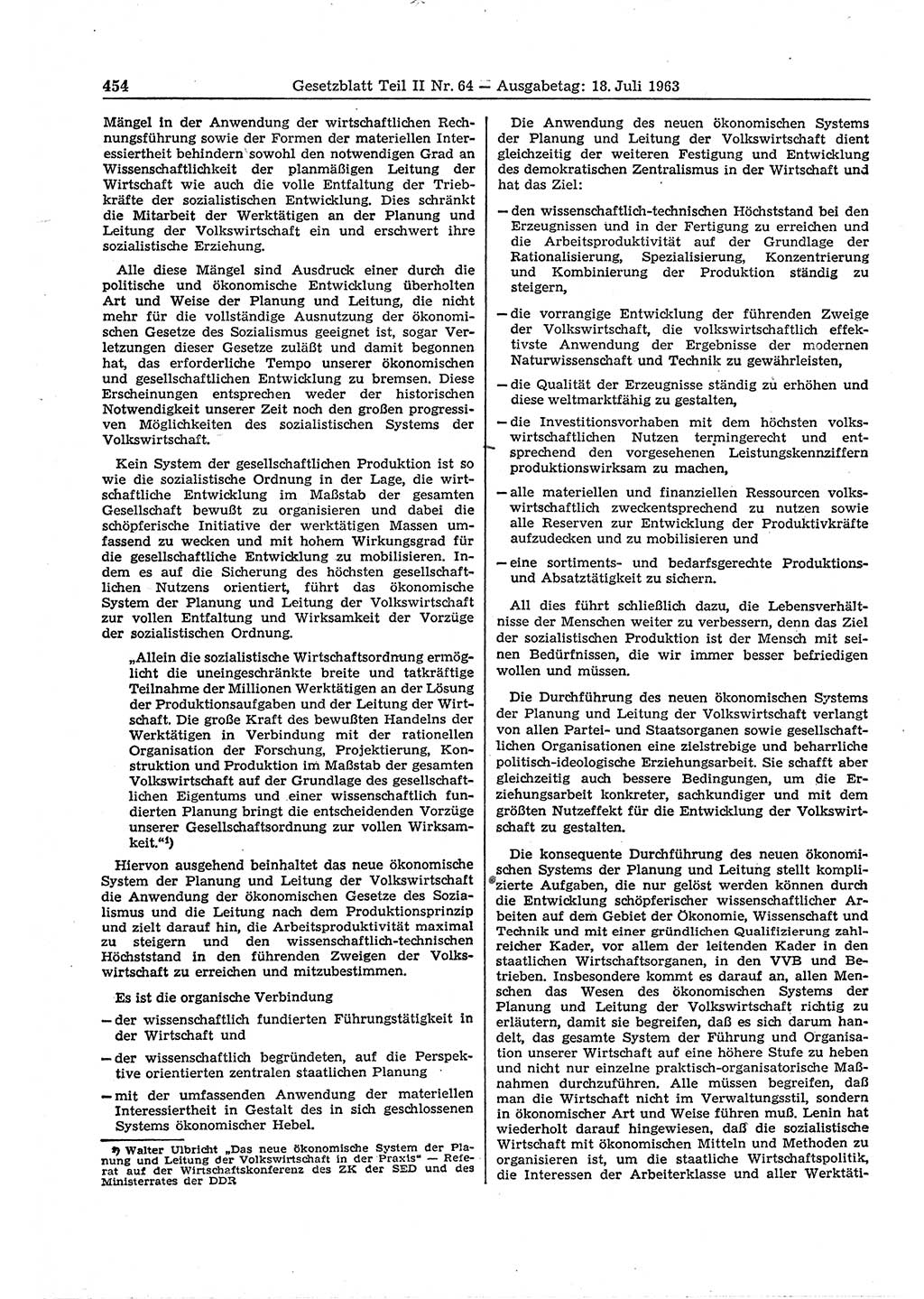 Gesetzblatt (GBl.) der Deutschen Demokratischen Republik (DDR) Teil ⅠⅠ 1963, Seite 454 (GBl. DDR ⅠⅠ 1963, S. 454)