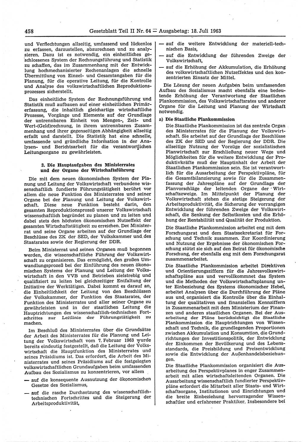 Gesetzblatt (GBl.) der Deutschen Demokratischen Republik (DDR) Teil ⅠⅠ 1963, Seite 458 (GBl. DDR ⅠⅠ 1963, S. 458)