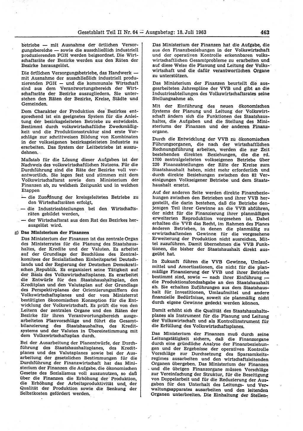Gesetzblatt (GBl.) der Deutschen Demokratischen Republik (DDR) Teil ⅠⅠ 1963, Seite 463 (GBl. DDR ⅠⅠ 1963, S. 463)