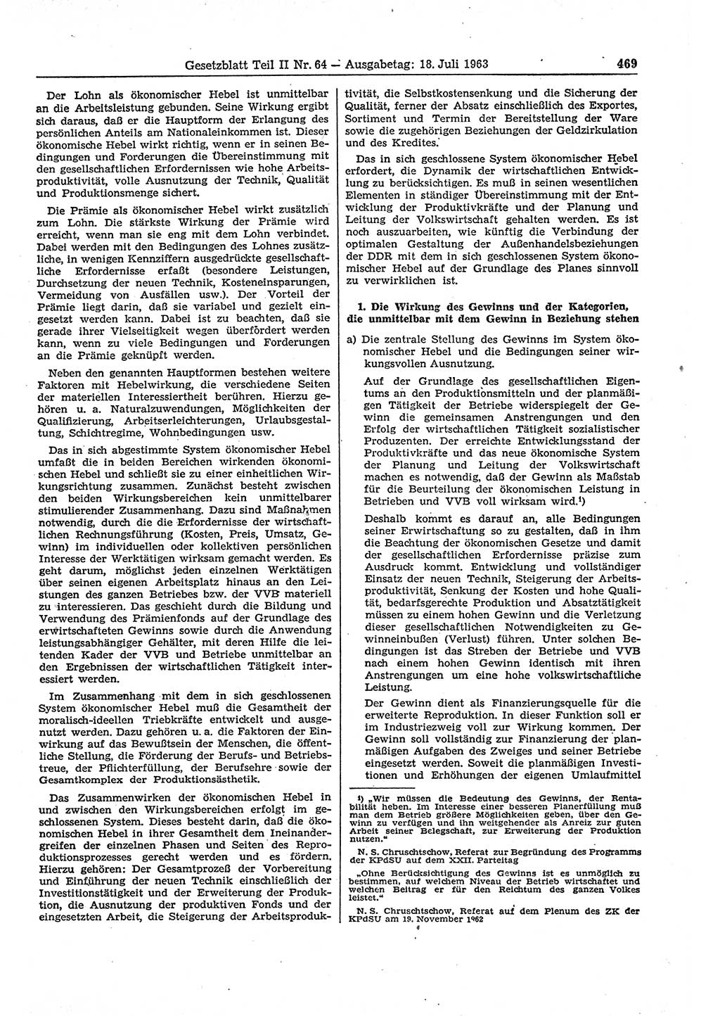 Gesetzblatt (GBl.) der Deutschen Demokratischen Republik (DDR) Teil ⅠⅠ 1963, Seite 469 (GBl. DDR ⅠⅠ 1963, S. 469)