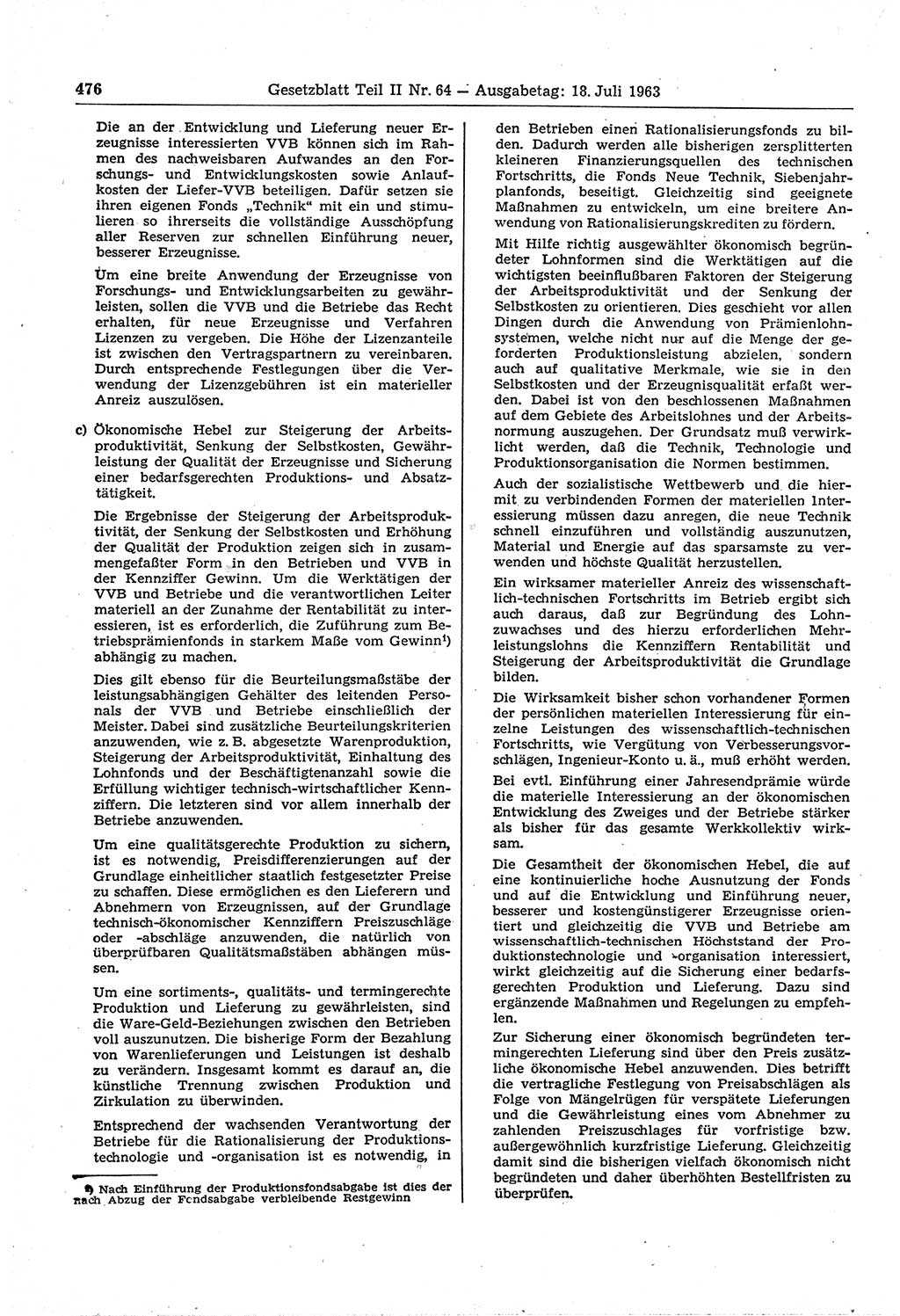 Gesetzblatt (GBl.) der Deutschen Demokratischen Republik (DDR) Teil ⅠⅠ 1963, Seite 476 (GBl. DDR ⅠⅠ 1963, S. 476)