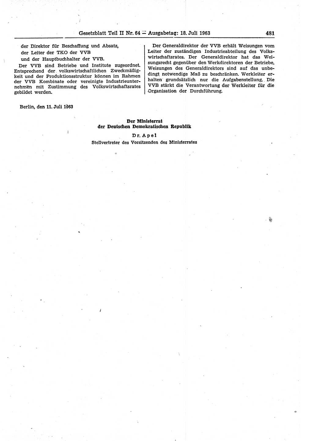Gesetzblatt (GBl.) der Deutschen Demokratischen Republik (DDR) Teil ⅠⅠ 1963, Seite 481 (GBl. DDR ⅠⅠ 1963, S. 481)