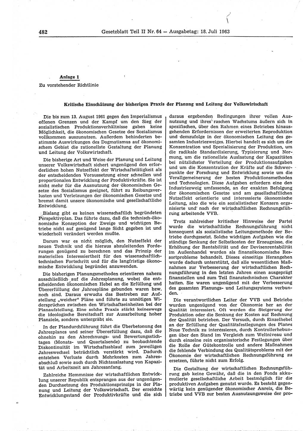 Gesetzblatt (GBl.) der Deutschen Demokratischen Republik (DDR) Teil ⅠⅠ 1963, Seite 482 (GBl. DDR ⅠⅠ 1963, S. 482)