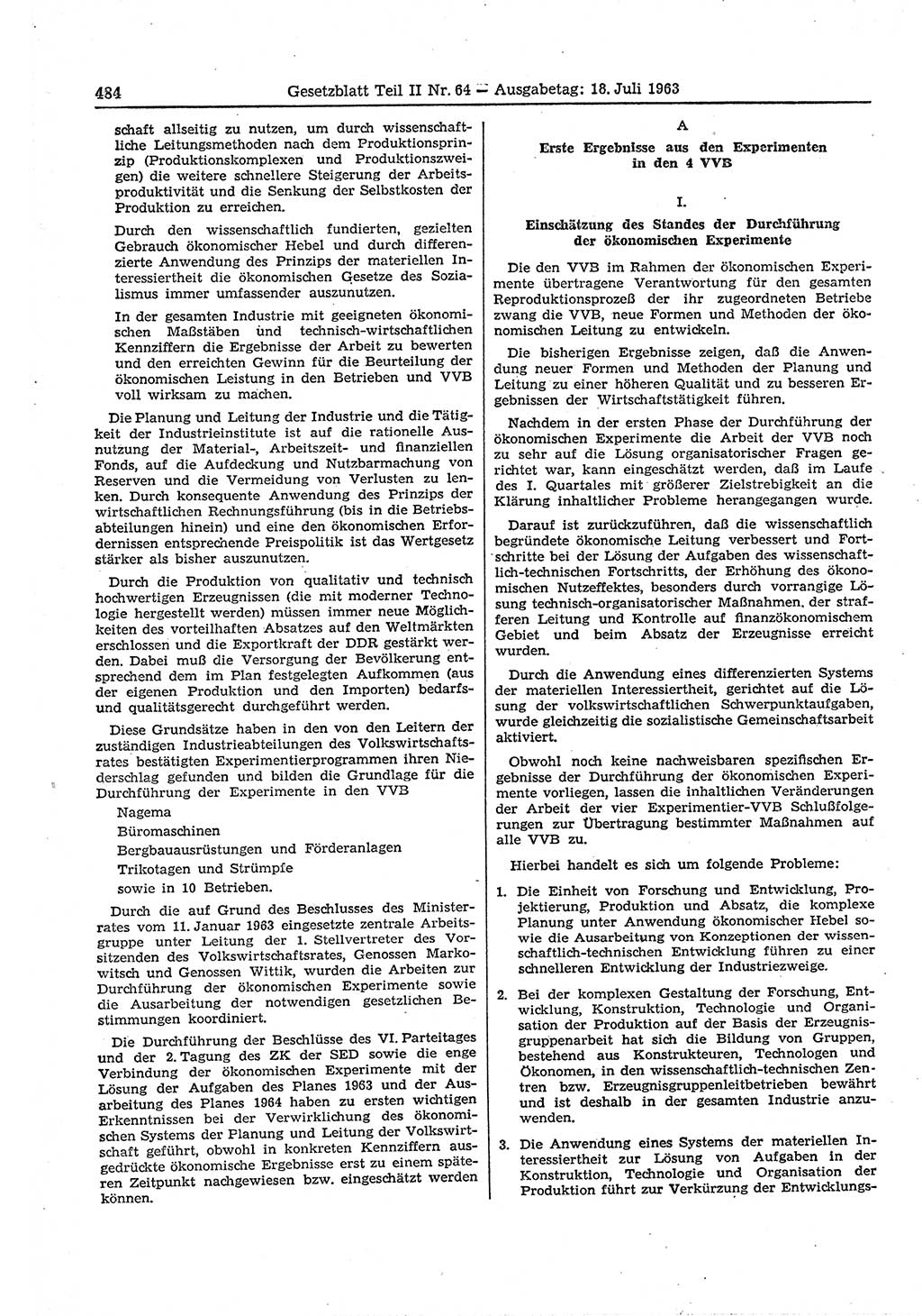 Gesetzblatt (GBl.) der Deutschen Demokratischen Republik (DDR) Teil ⅠⅠ 1963, Seite 484 (GBl. DDR ⅠⅠ 1963, S. 484)