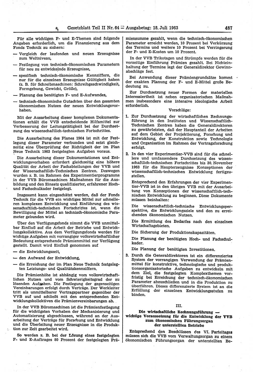 Gesetzblatt (GBl.) der Deutschen Demokratischen Republik (DDR) Teil ⅠⅠ 1963, Seite 487 (GBl. DDR ⅠⅠ 1963, S. 487)