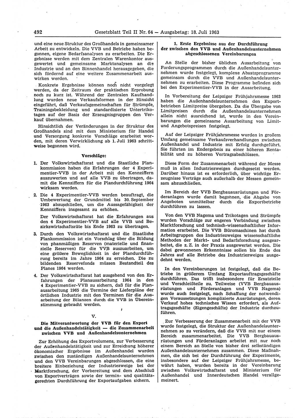 Gesetzblatt (GBl.) der Deutschen Demokratischen Republik (DDR) Teil ⅠⅠ 1963, Seite 492 (GBl. DDR ⅠⅠ 1963, S. 492)