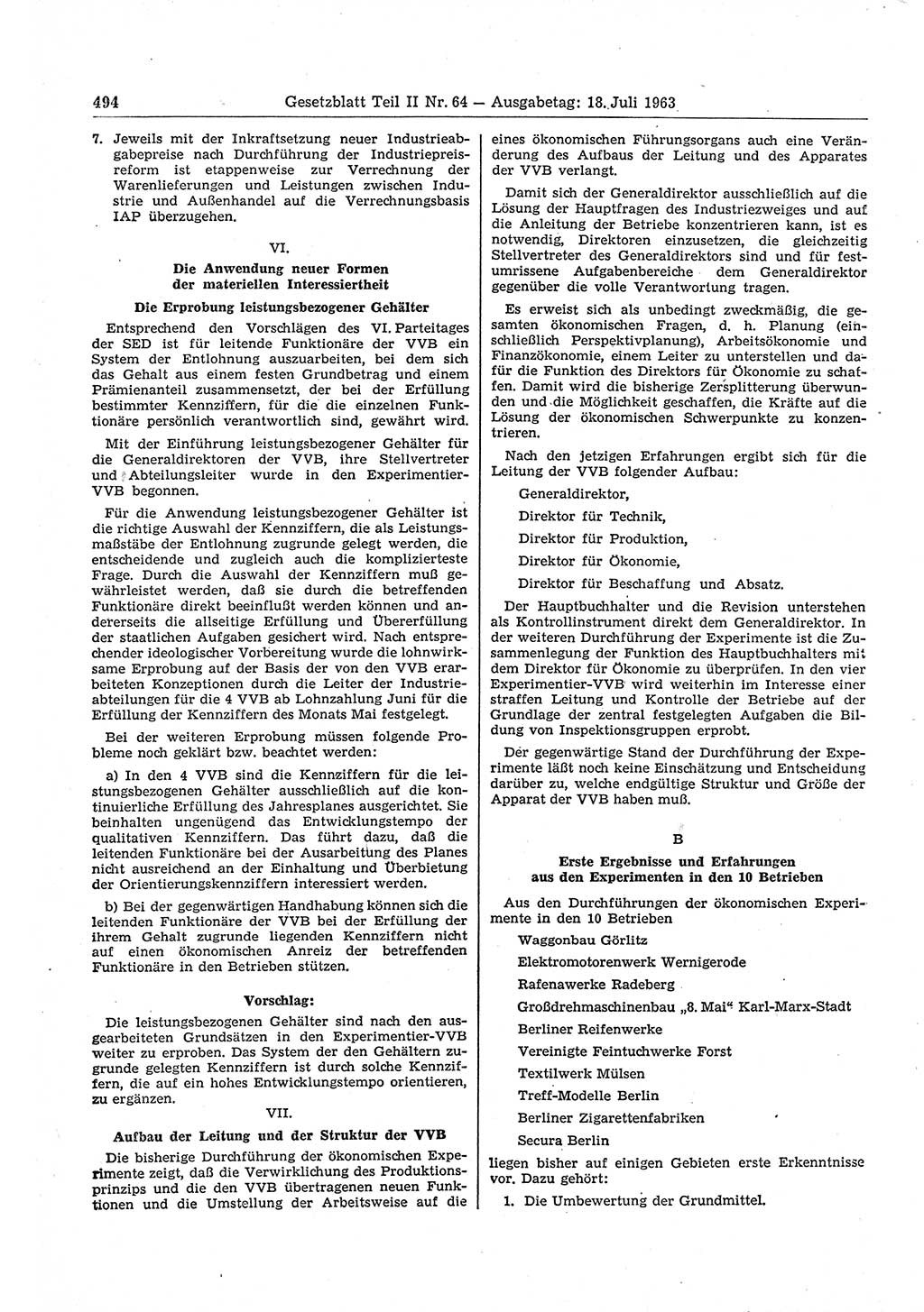 Gesetzblatt (GBl.) der Deutschen Demokratischen Republik (DDR) Teil ⅠⅠ 1963, Seite 494 (GBl. DDR ⅠⅠ 1963, S. 494)
