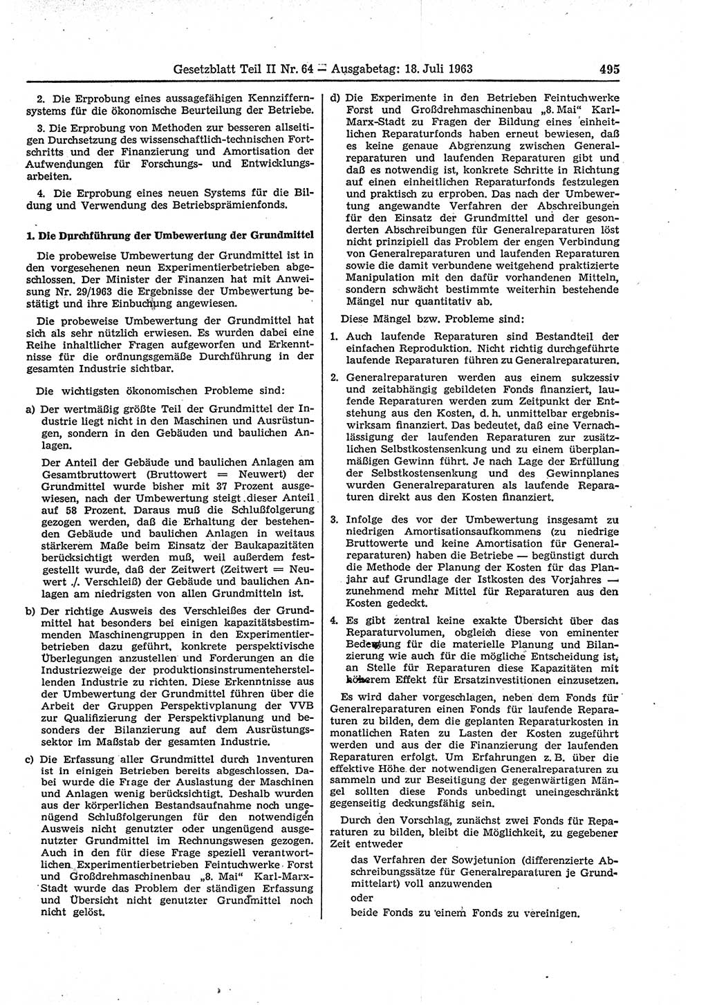 Gesetzblatt (GBl.) der Deutschen Demokratischen Republik (DDR) Teil ⅠⅠ 1963, Seite 495 (GBl. DDR ⅠⅠ 1963, S. 495)