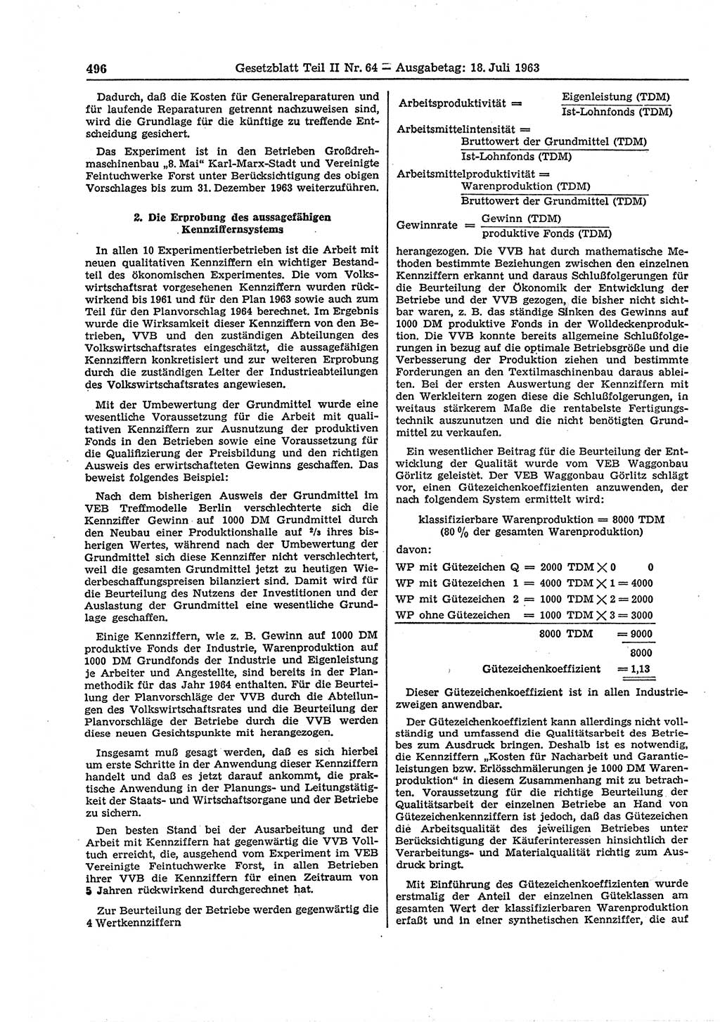Gesetzblatt (GBl.) der Deutschen Demokratischen Republik (DDR) Teil ⅠⅠ 1963, Seite 496 (GBl. DDR ⅠⅠ 1963, S. 496)