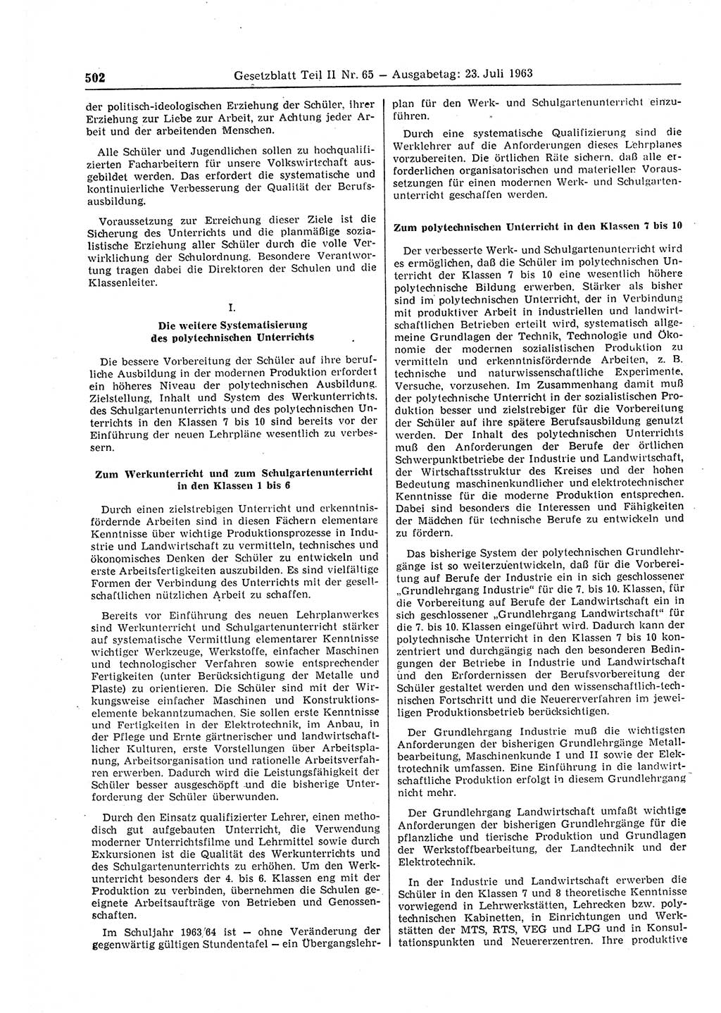 Gesetzblatt (GBl.) der Deutschen Demokratischen Republik (DDR) Teil ⅠⅠ 1963, Seite 502 (GBl. DDR ⅠⅠ 1963, S. 502)