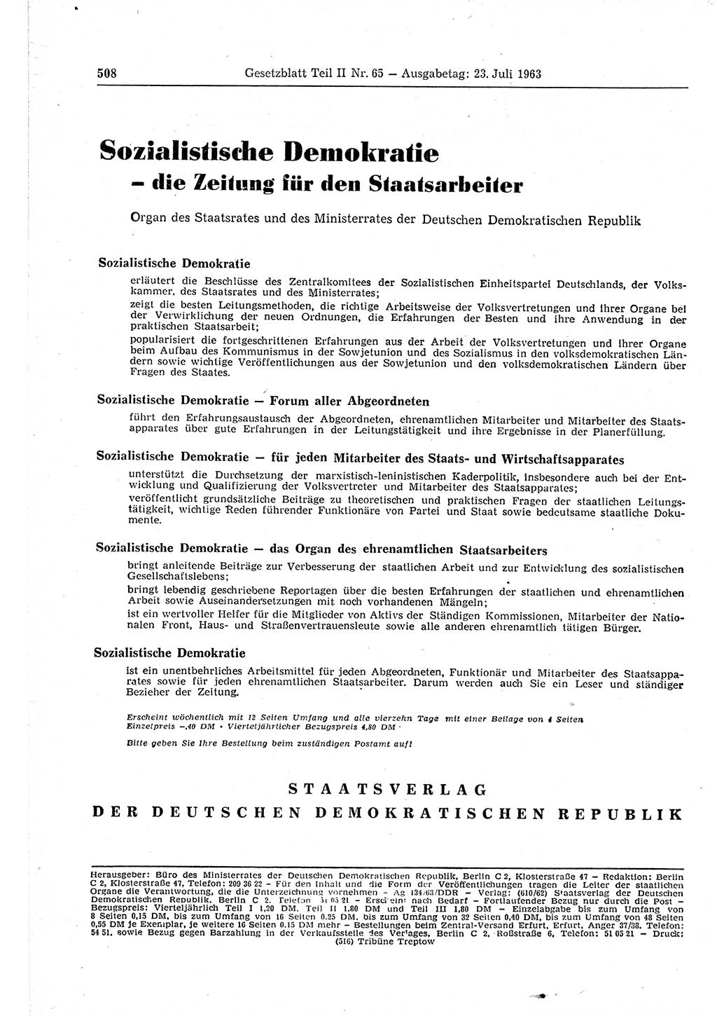 Gesetzblatt (GBl.) der Deutschen Demokratischen Republik (DDR) Teil ⅠⅠ 1963, Seite 508 (GBl. DDR ⅠⅠ 1963, S. 508)