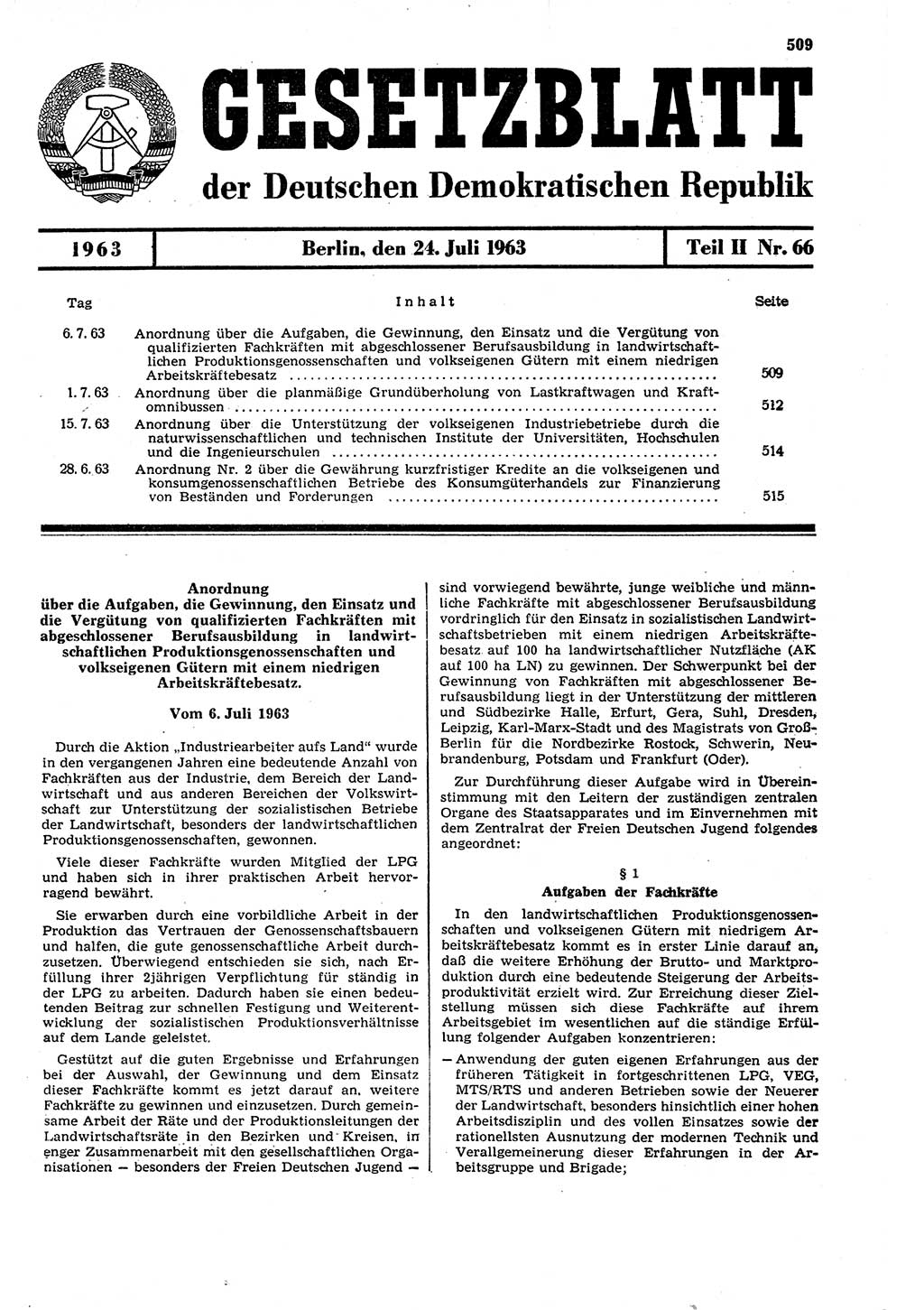Gesetzblatt (GBl.) der Deutschen Demokratischen Republik (DDR) Teil ⅠⅠ 1963, Seite 509 (GBl. DDR ⅠⅠ 1963, S. 509)