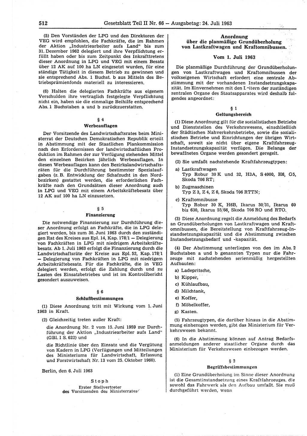 Gesetzblatt (GBl.) der Deutschen Demokratischen Republik (DDR) Teil ⅠⅠ 1963, Seite 512 (GBl. DDR ⅠⅠ 1963, S. 512)