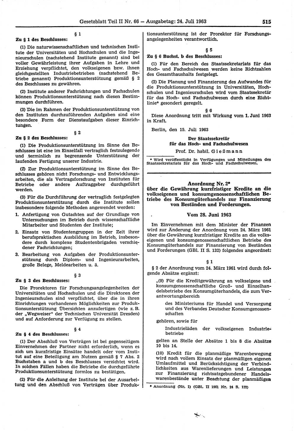 Gesetzblatt (GBl.) der Deutschen Demokratischen Republik (DDR) Teil ⅠⅠ 1963, Seite 515 (GBl. DDR ⅠⅠ 1963, S. 515)