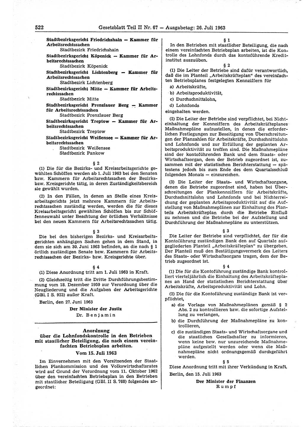 Gesetzblatt (GBl.) der Deutschen Demokratischen Republik (DDR) Teil ⅠⅠ 1963, Seite 522 (GBl. DDR ⅠⅠ 1963, S. 522)