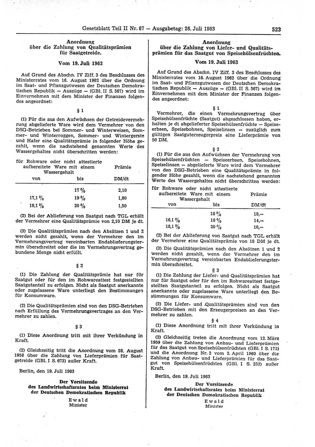 Gesetzblatt (GBl.) der Deutschen Demokratischen Republik (DDR) Teil ⅠⅠ 1963, Seite 523 (GBl. DDR ⅠⅠ 1963, S. 523)