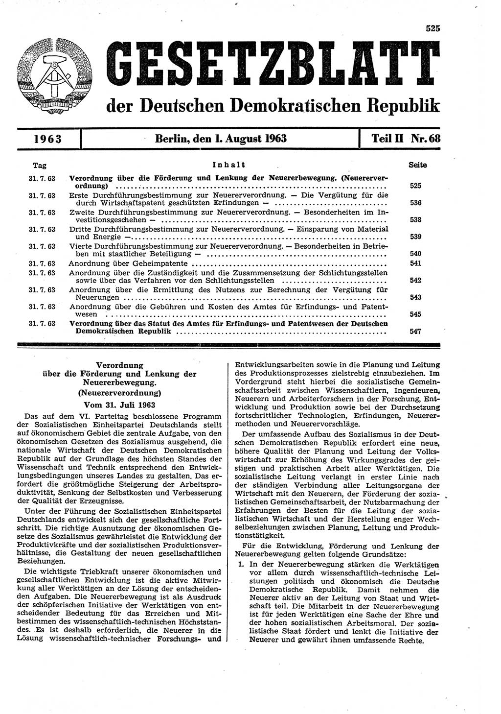 Gesetzblatt (GBl.) der Deutschen Demokratischen Republik (DDR) Teil ⅠⅠ 1963, Seite 525 (GBl. DDR ⅠⅠ 1963, S. 525)