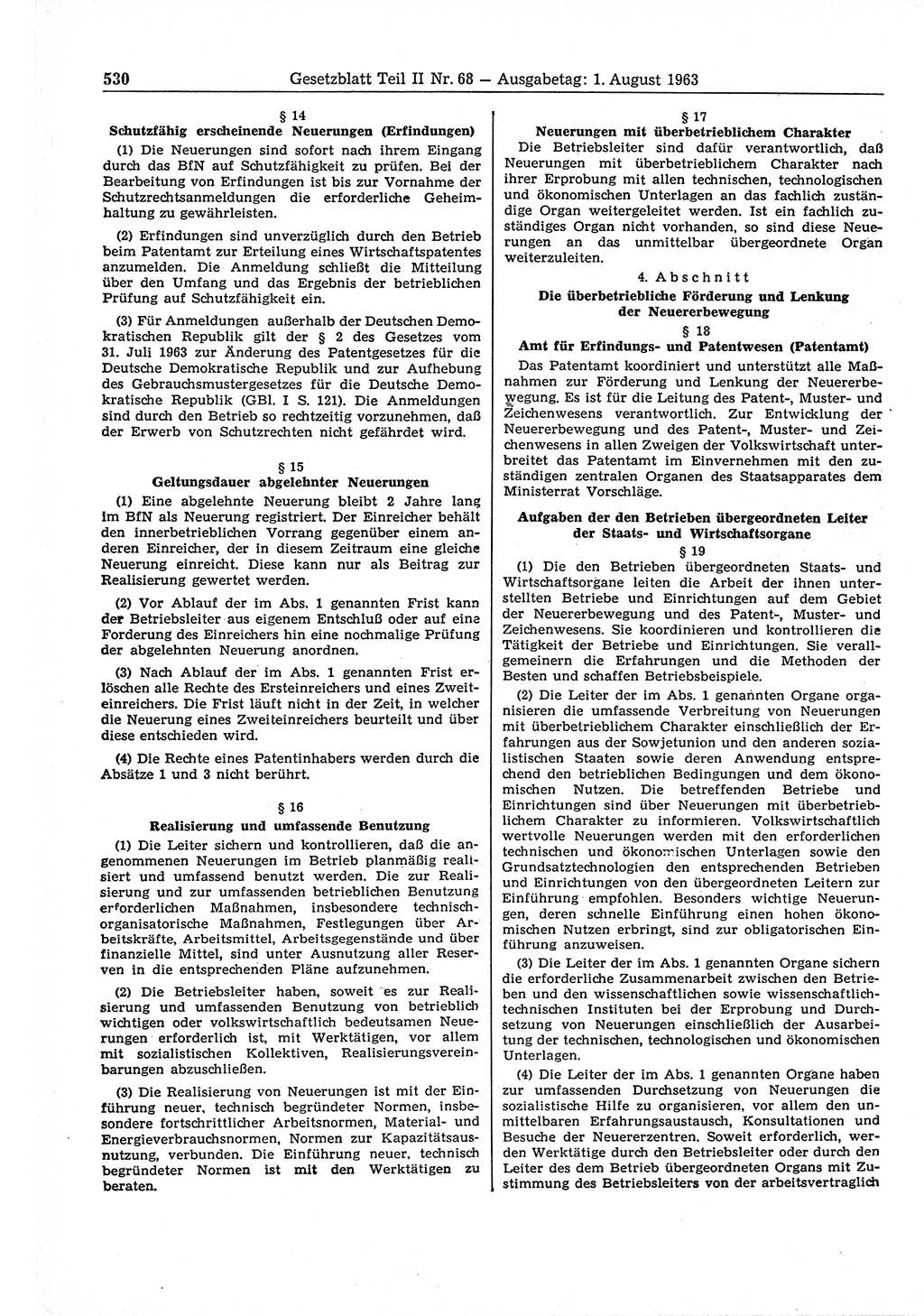 Gesetzblatt (GBl.) der Deutschen Demokratischen Republik (DDR) Teil ⅠⅠ 1963, Seite 530 (GBl. DDR ⅠⅠ 1963, S. 530)