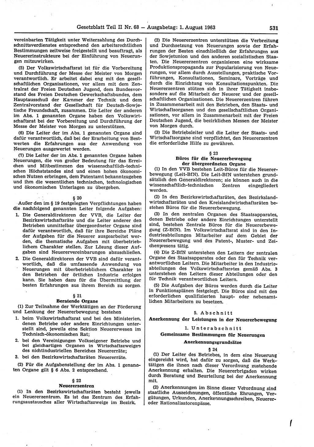Gesetzblatt (GBl.) der Deutschen Demokratischen Republik (DDR) Teil ⅠⅠ 1963, Seite 531 (GBl. DDR ⅠⅠ 1963, S. 531)