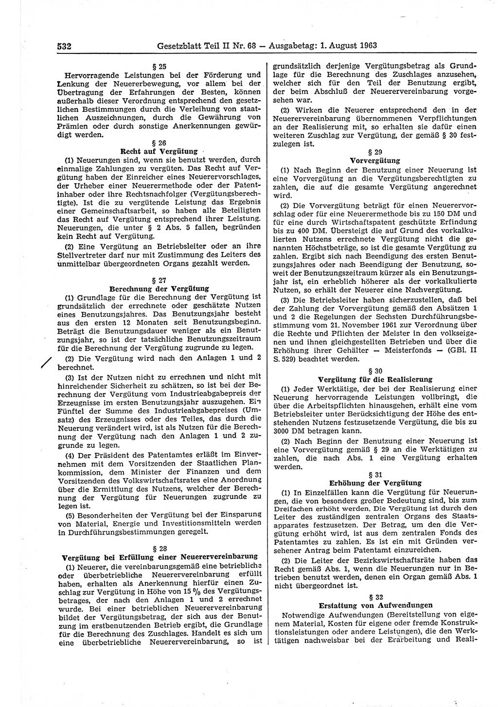 Gesetzblatt (GBl.) der Deutschen Demokratischen Republik (DDR) Teil ⅠⅠ 1963, Seite 532 (GBl. DDR ⅠⅠ 1963, S. 532)