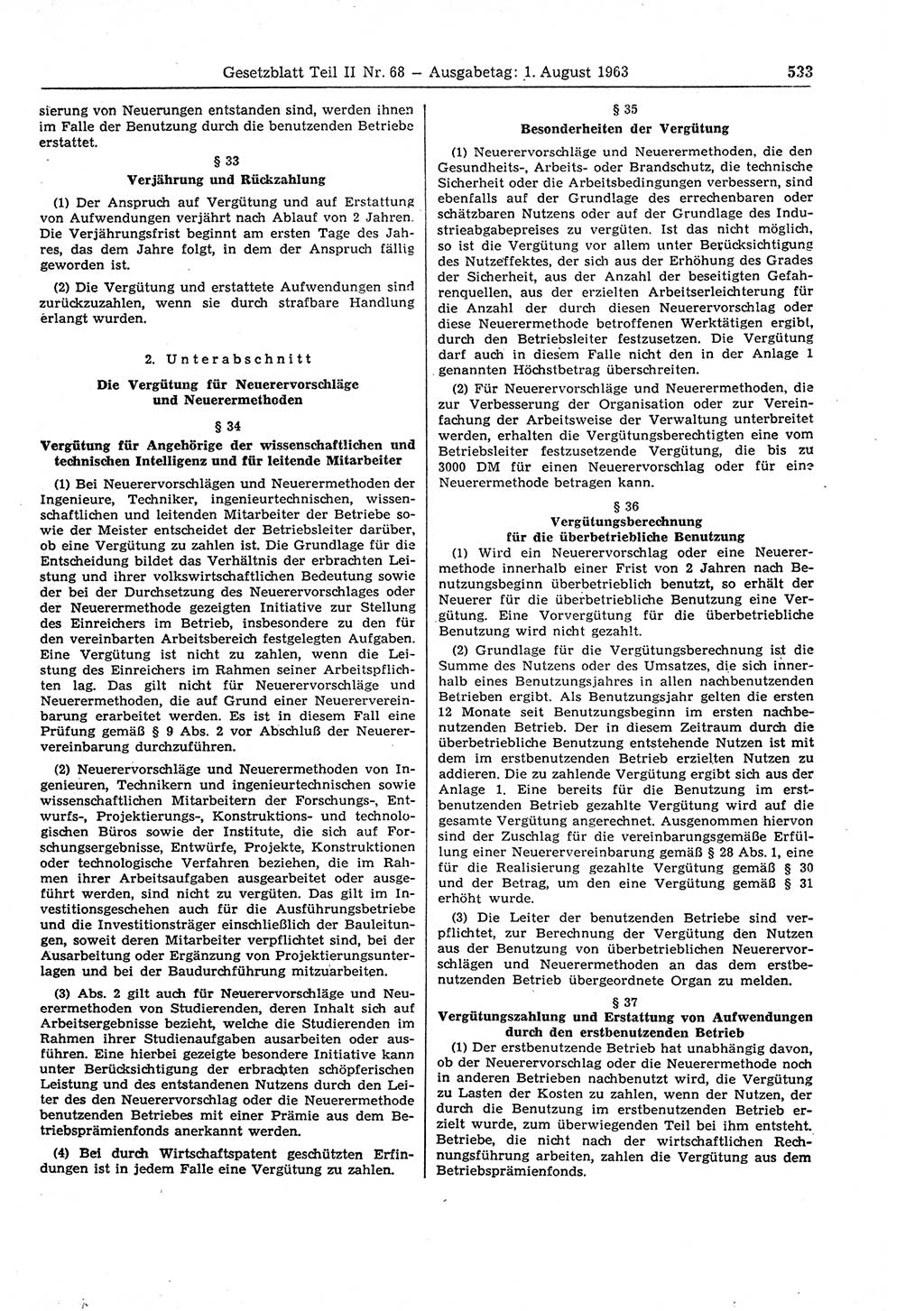 Gesetzblatt (GBl.) der Deutschen Demokratischen Republik (DDR) Teil ⅠⅠ 1963, Seite 533 (GBl. DDR ⅠⅠ 1963, S. 533)