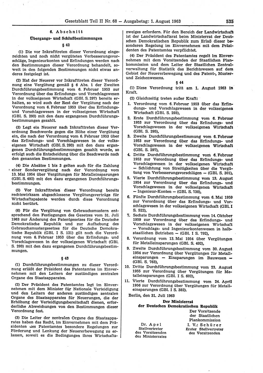 Gesetzblatt (GBl.) der Deutschen Demokratischen Republik (DDR) Teil ⅠⅠ 1963, Seite 535 (GBl. DDR ⅠⅠ 1963, S. 535)