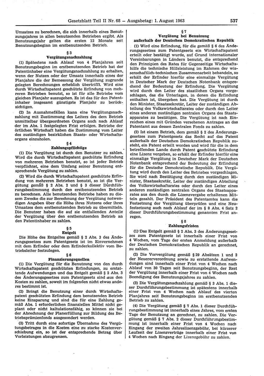 Gesetzblatt (GBl.) der Deutschen Demokratischen Republik (DDR) Teil ⅠⅠ 1963, Seite 537 (GBl. DDR ⅠⅠ 1963, S. 537)