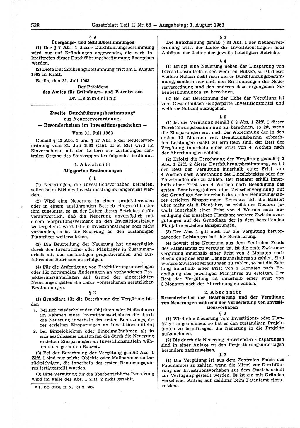 Gesetzblatt (GBl.) der Deutschen Demokratischen Republik (DDR) Teil ⅠⅠ 1963, Seite 538 (GBl. DDR ⅠⅠ 1963, S. 538)